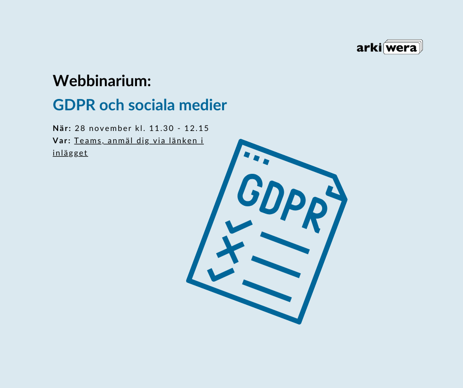 En inbjudan till webbinarium om GDPR och sociala medier. Illustrerad med en checklista med rubriken "GDPR"