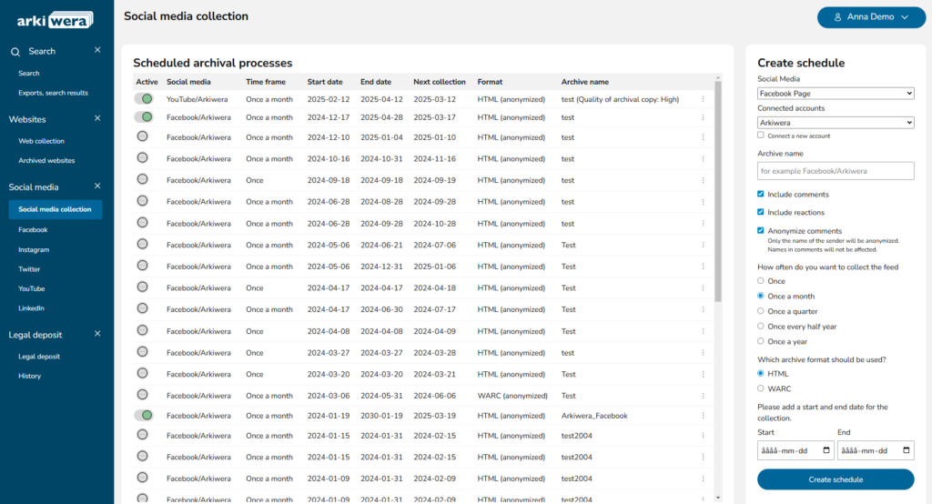 Function in Arkiwera, social media archiving