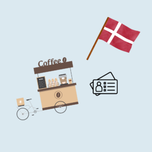 Illustration of a coffe stand, brought by bike, a Danish flag and a business card